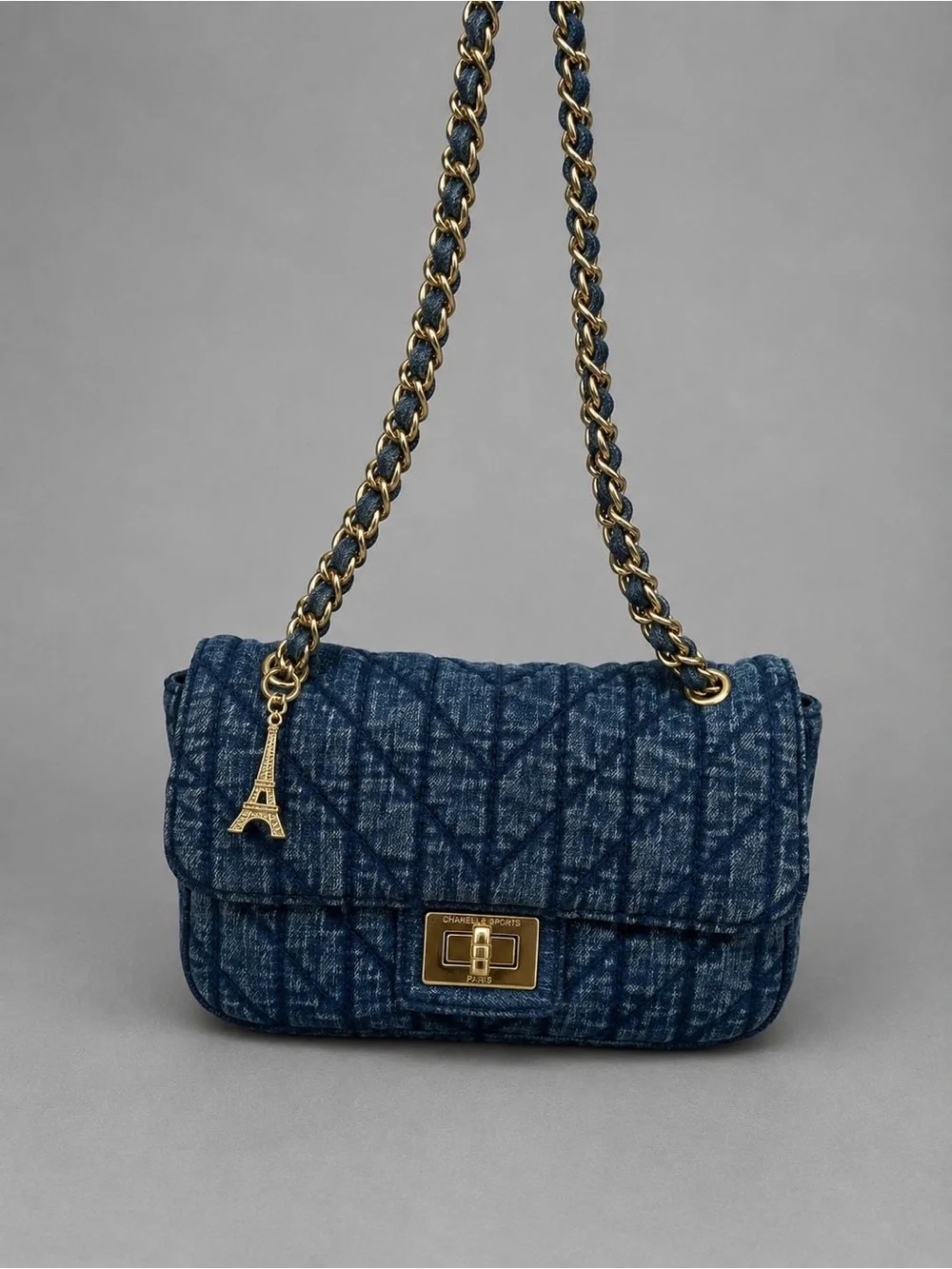 KARL LAGERFELD PARIS Blue Quilted Turn Lock Chain Strap Shoulder Bag